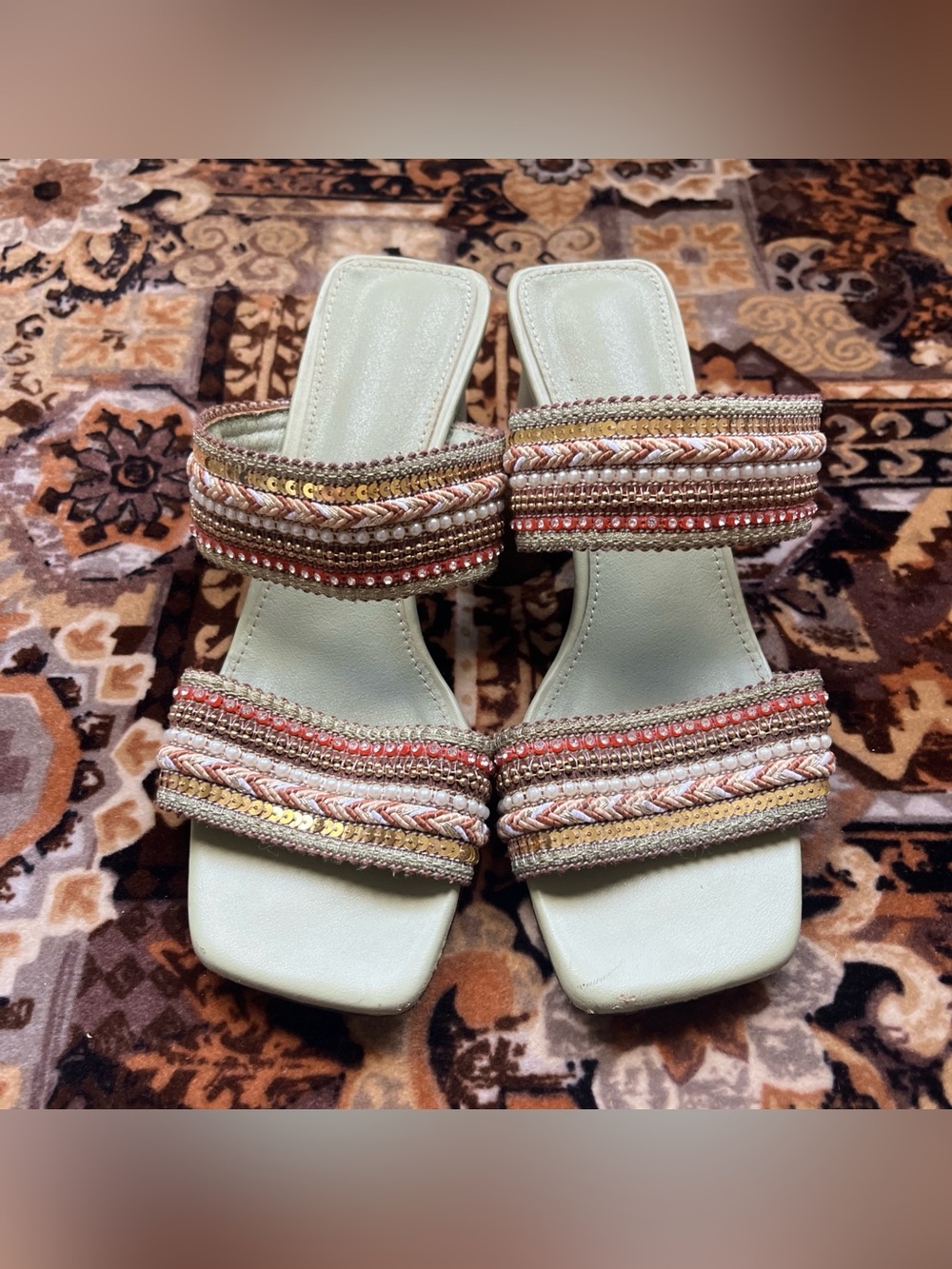 Embellished Double-Strap Heels in Light Green